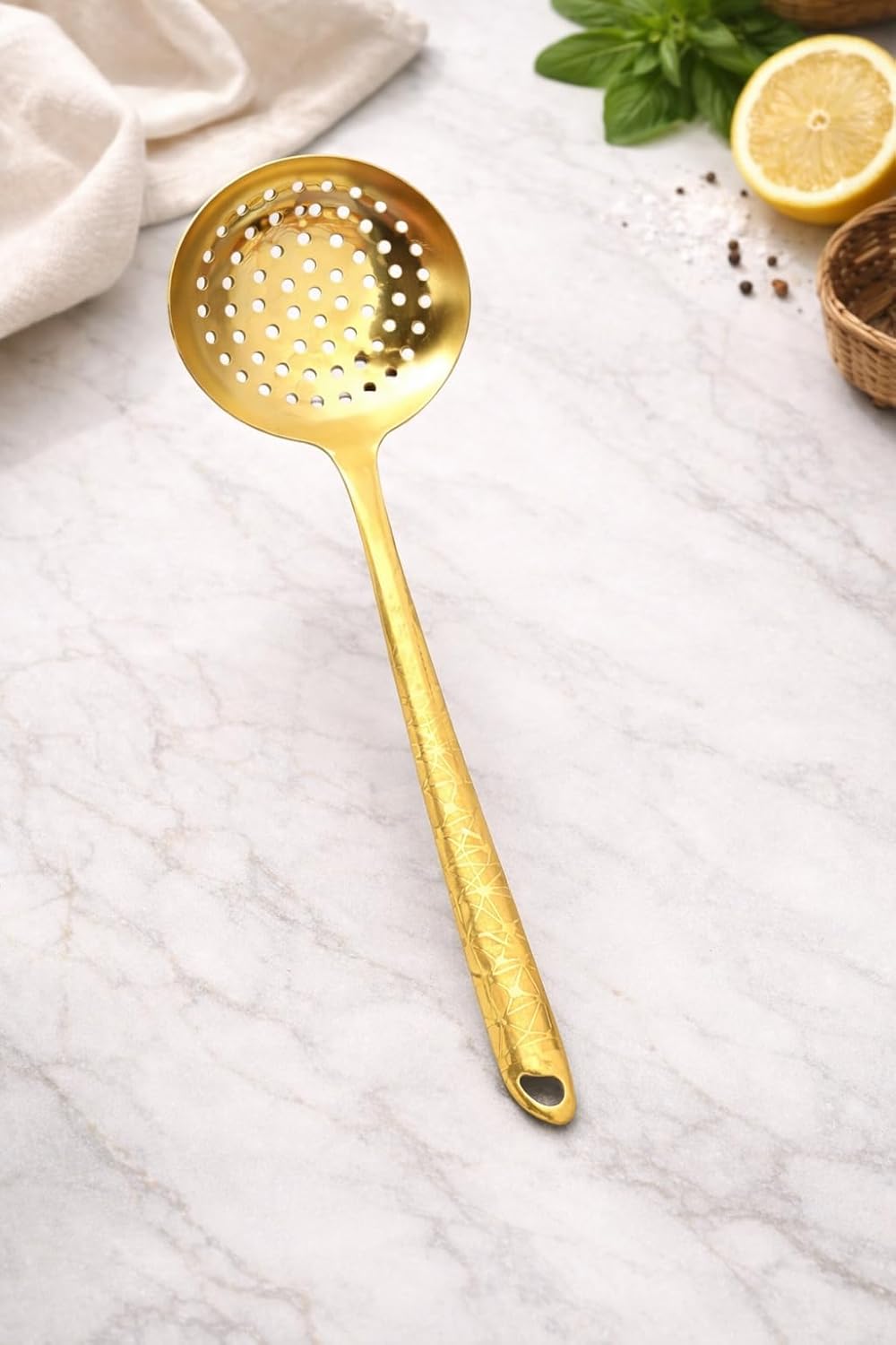 7AGAT stainless steel kitchen utensil with ergonomic handle, heat and rust resistant, dishwasher safe, in silver, gold, and rainbow finishes.