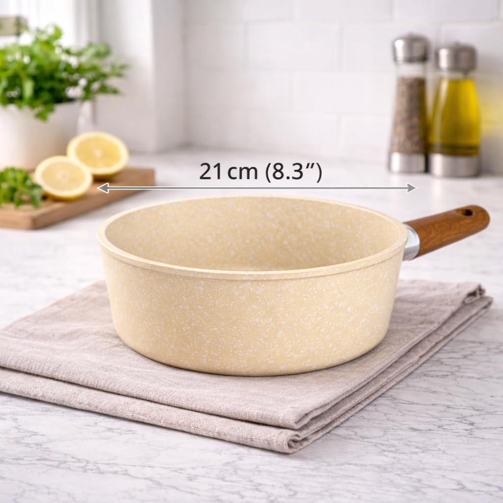 7AGAT non-stick saucepan with wooden handle, granite speckled coating, ideal for sauces, soups, and pasta, easy to clean.