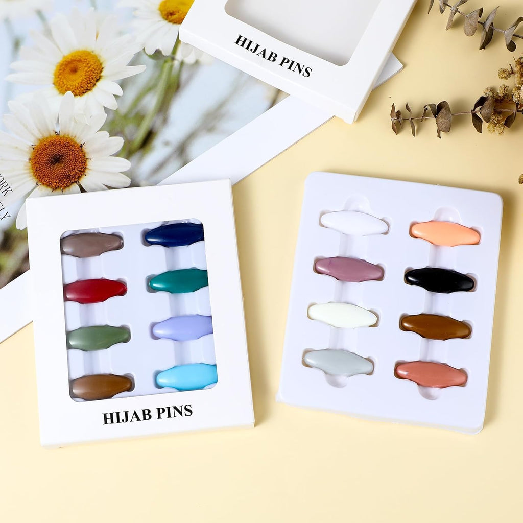 Set of 8 decorative 7AGAT hijab pins with safety brooch clips for securing scarves and shawls, featuring elegant designs.