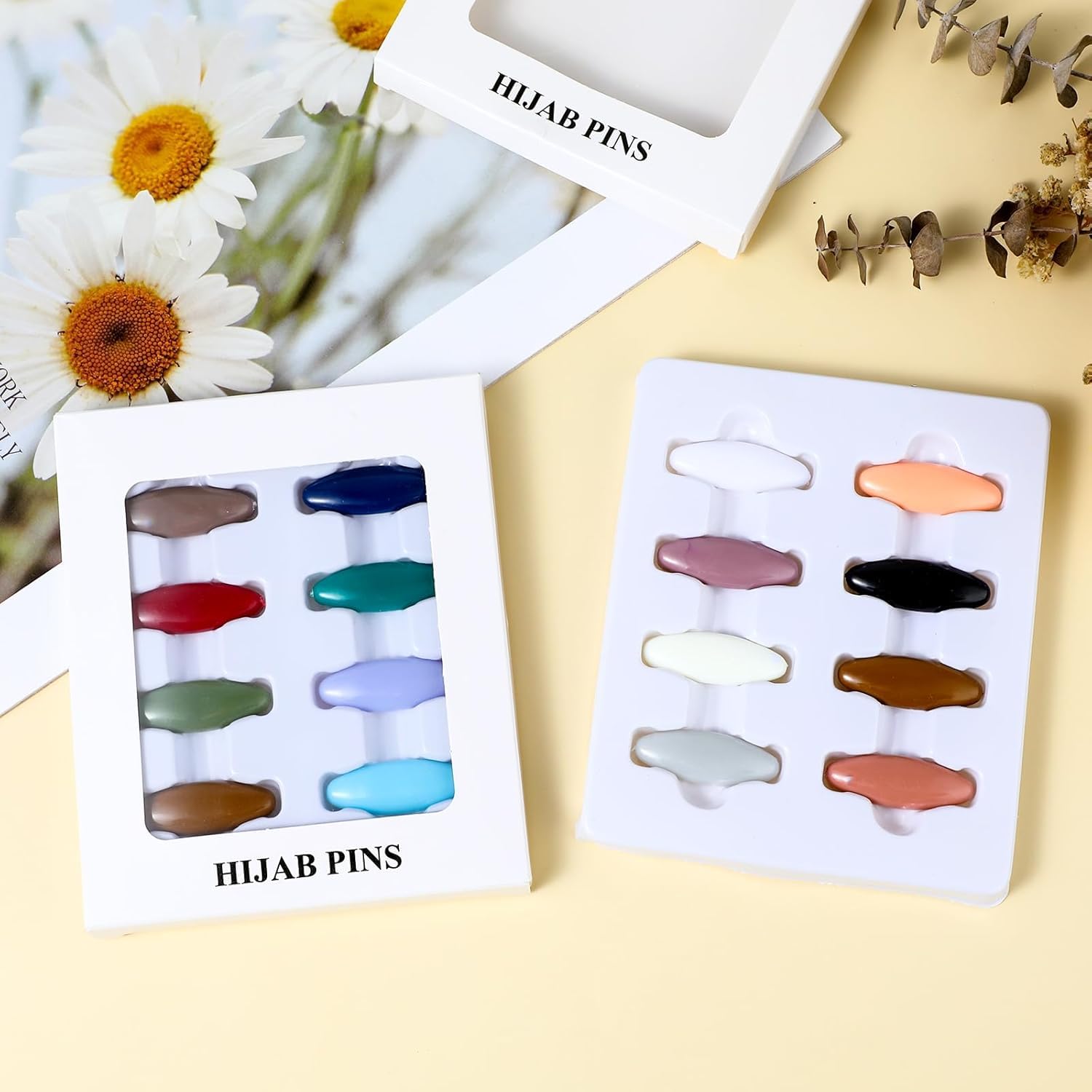 Set of 8 decorative 7AGAT hijab pins with safety brooch clips for securing scarves and shawls, featuring elegant designs.