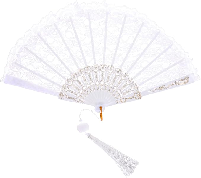 White lace Chinese folding hand fan by 7AGAT, vintage style, decorative for parties, weddings, and dancing events.