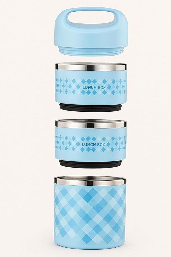 Sky blue 3-tier insulated stainless steel lunch box with checkered pattern and handle, perfect for thermal food storage.
