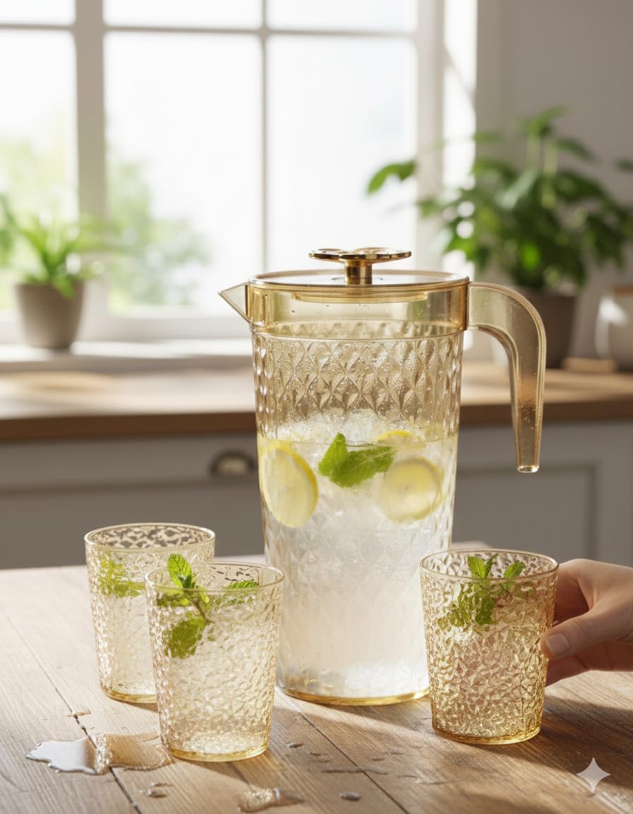 7AGAT acrylic water pitcher with four cups set, lightweight, durable tableware with easy-pour spout for beverage serving