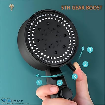 Black 7AGAT high pressure shower head with 6 adjustable speeds and 22 cm length, designed for modern bathroom fixtures.