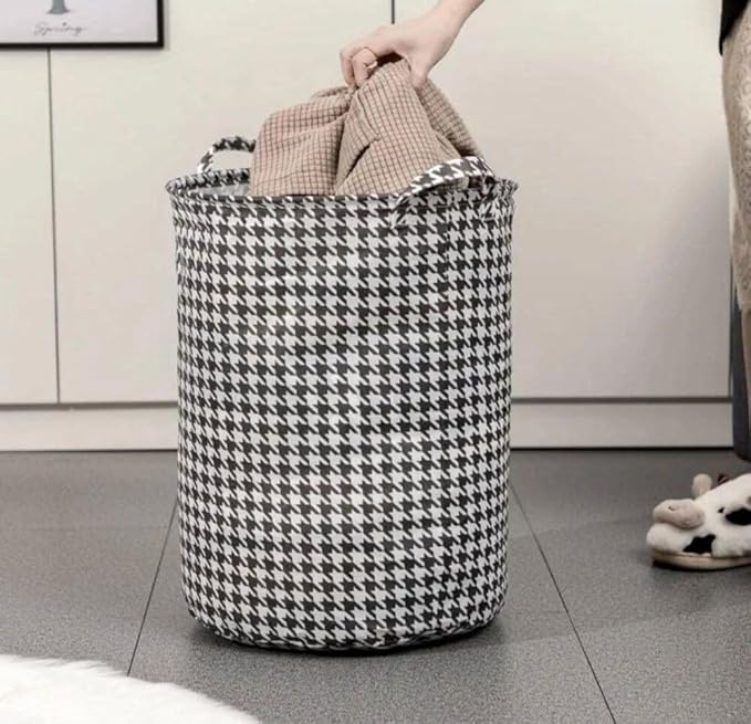 Round collapsible laundry basket with handles, houndstooth pattern, waterproof polyester, 40cm x 35cm, foldable storage hamper.