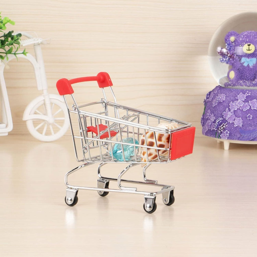 Mini metal shopping cart set with rolling wheels, desktop organizer and decorative basket for gifts, candy, and party favors.