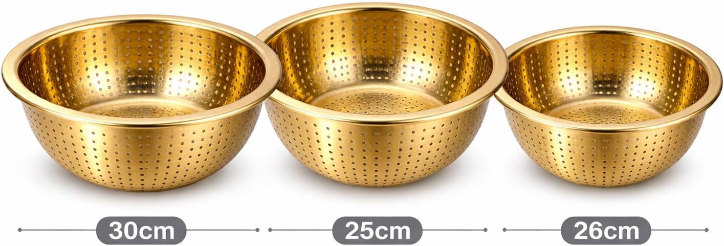 Set of 3 stainless steel bowls with gold finish, designed for food prep, washing, and serving in a modern kitchen.