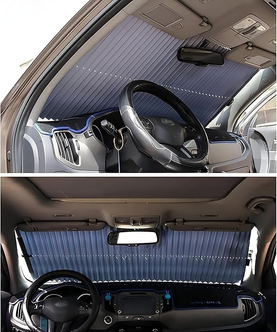 7AGAT retractable car windshield sun shade fitting front and rear windows, UV protection for vehicle interior.