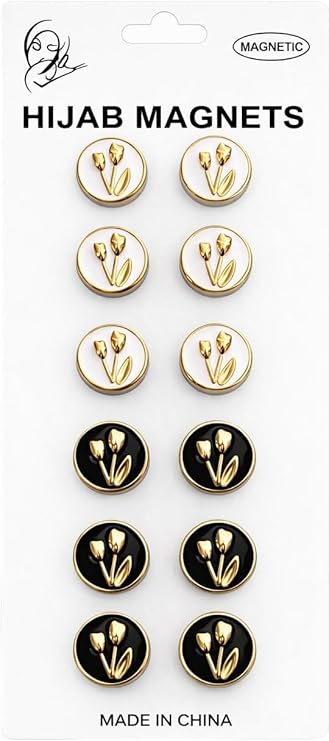 Six pairs of 7AGAT No-Snag Magnetic Hijab Pins with fabric-safe design, ideal for secure and gentle hijab styling.