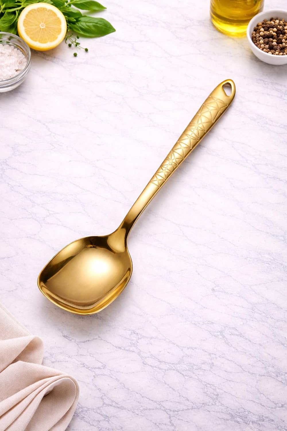 7AGAT stainless steel kitchen utensil with ergonomic handle, heat and rust-resistant, dishwasher safe in silver, gold, and rainbow finishes.