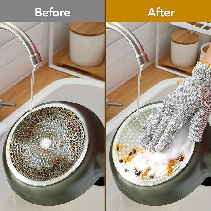 Wire dishwashing gloves from 7AGAT Shopping, waterproof heat and oil-resistant scrub mitts with steel fiber for kitchen cleaning.