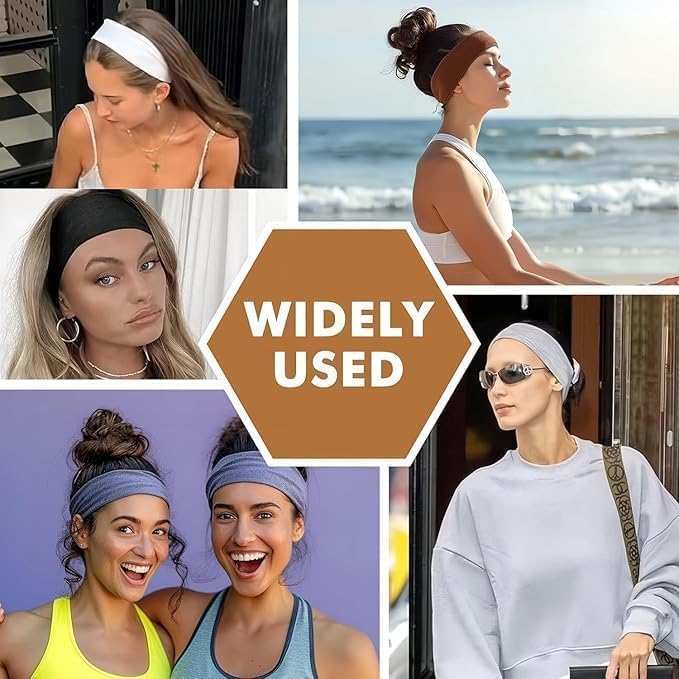 Set of three women's headbands by 7AGAT featuring twisted knot, flat, and crossover styles, soft stretch fabric for yoga and daily wear