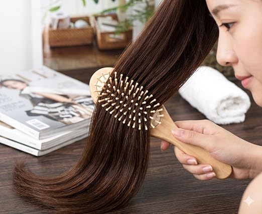 Natural wooden hair brush by 7AGAT with scalp massage features, lightweight design, suitable for all hair types, shown in image.