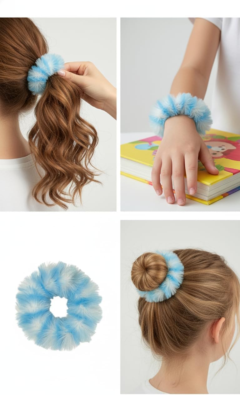 Colorful synthetic fur ponytail holders by 7AGAT, soft and fluffy, set of two, suitable for women and girls' hairstyles.