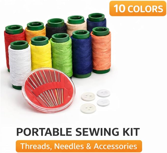 Portable 7AGAT sewing kit with 10 color thread spools, 8 assorted needles, compact for home, travel, and emergency repairs.