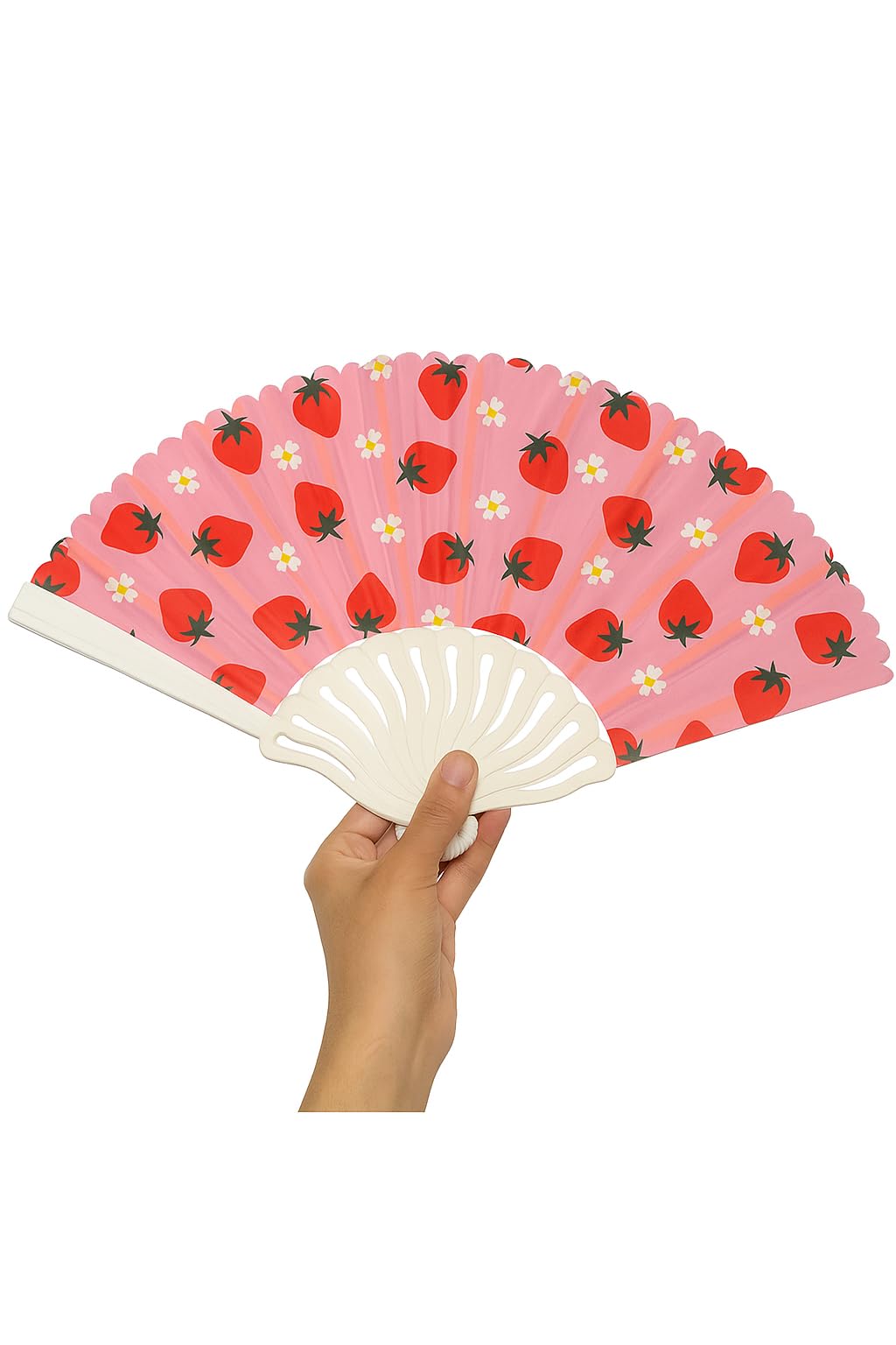 Colorful plastic folding hand fan with wavy handle and vibrant prints, lightweight and reusable summer accessory by 7AGAT.