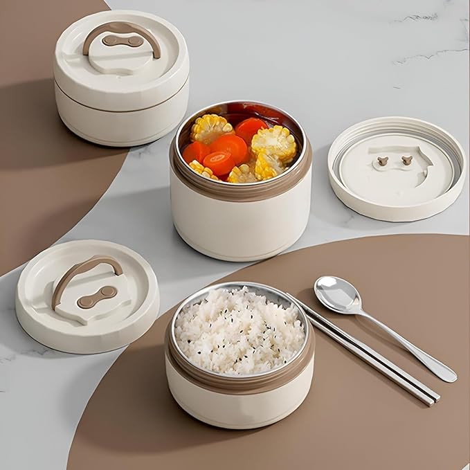 7AGAT Shopping thermal lunch box with three stackable stainless steel and BPA-free plastic containers, beige and brown, leak-proof with handle.
