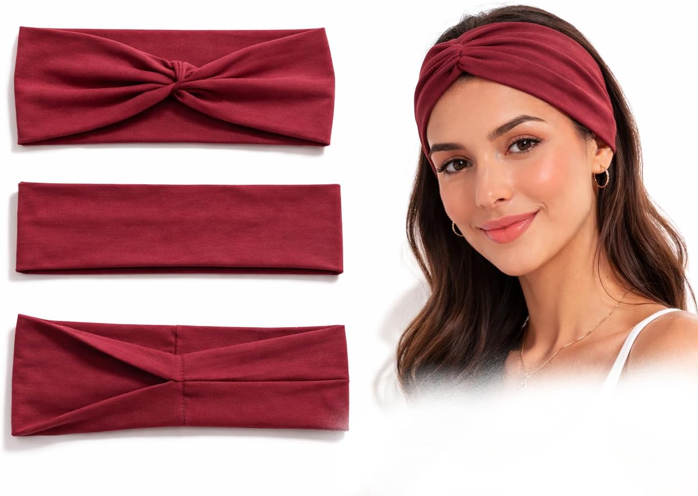 Set of three women's headbands by 7AGAT in twisted knot, flat, and crossover styles, soft stretch fabric for yoga, sports, and daily wear.