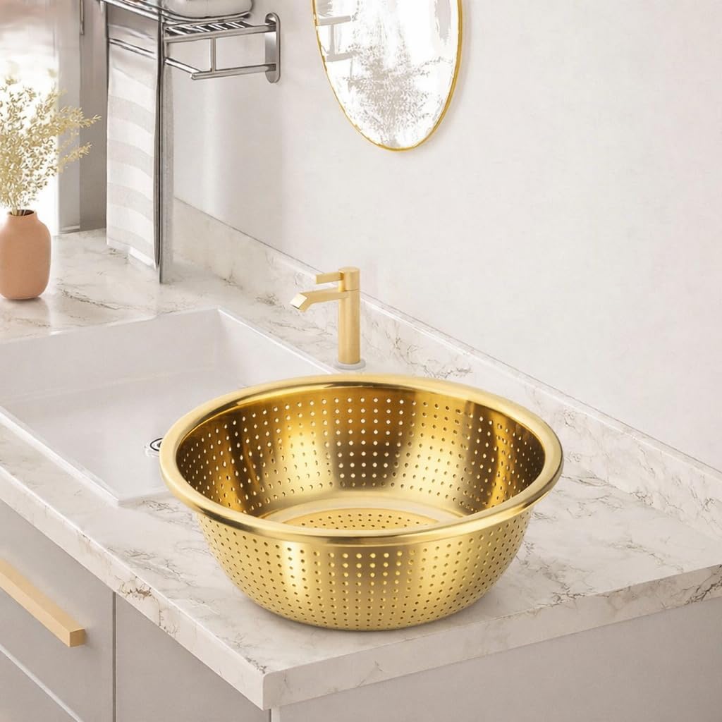 Set of three stainless steel bowls with gold finish, versatile for food prep, washing, and serving in the kitchen.