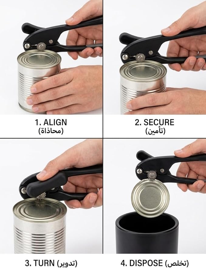 7AGAT manual can opener with stainless steel blade and ergonomic black plastic handle, featuring a sharp cutting wheel and compact design
