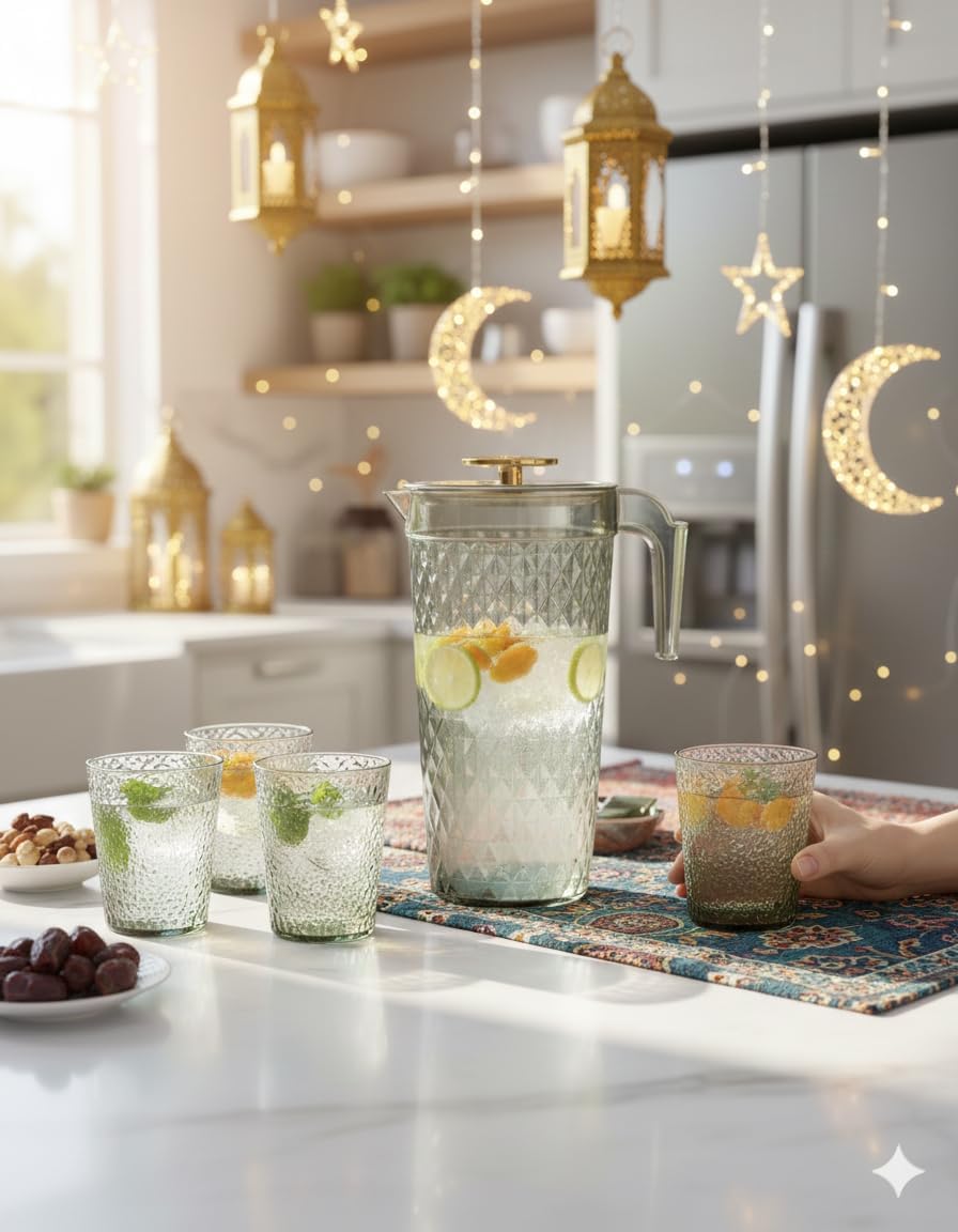 Acrylic water pitcher with four matching cups, lightweight, durable tableware set with easy-pour spout for serving beverages.