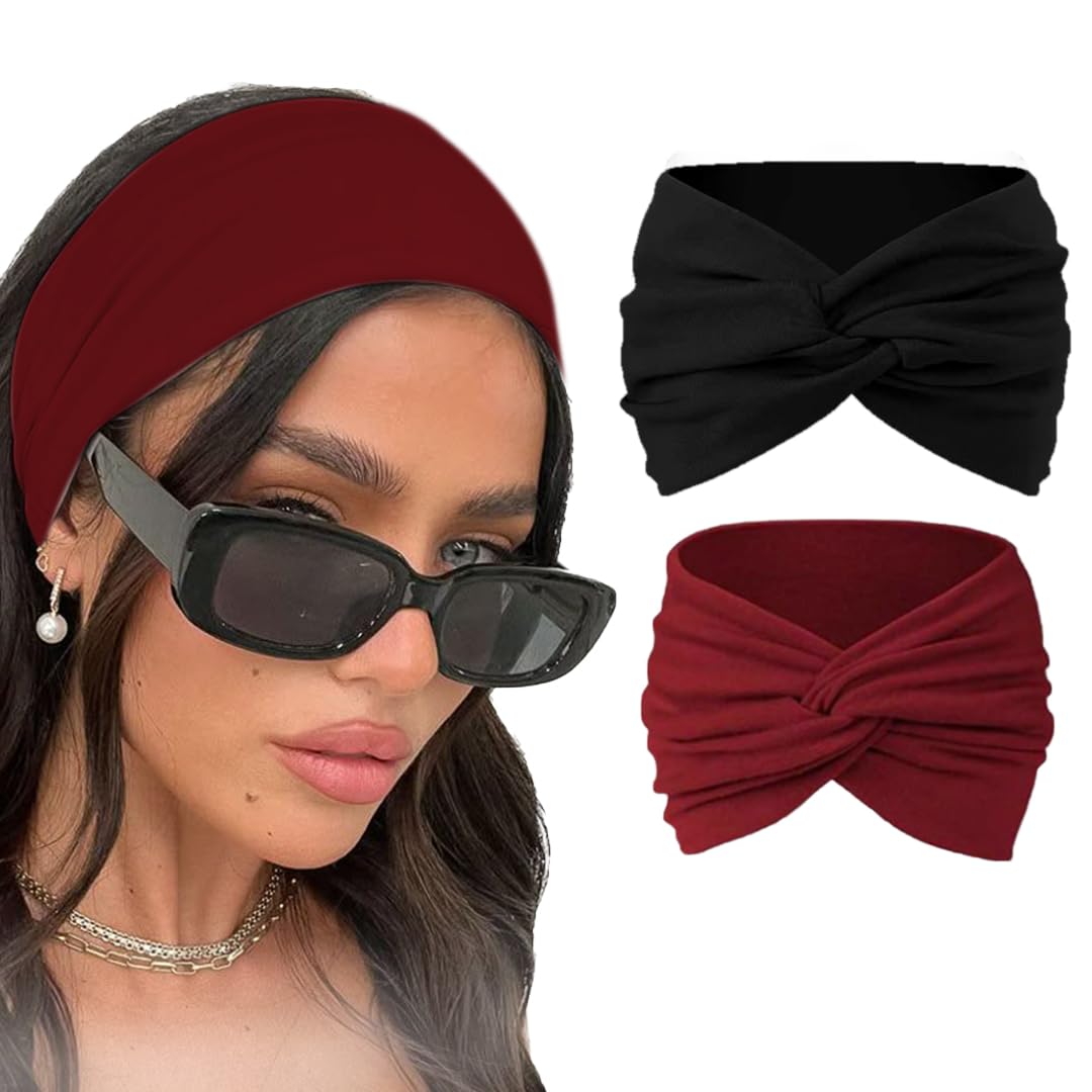 Two knitted cotton headbands for women and girls, featuring cute knot design and turban style, made from 95% cotton.