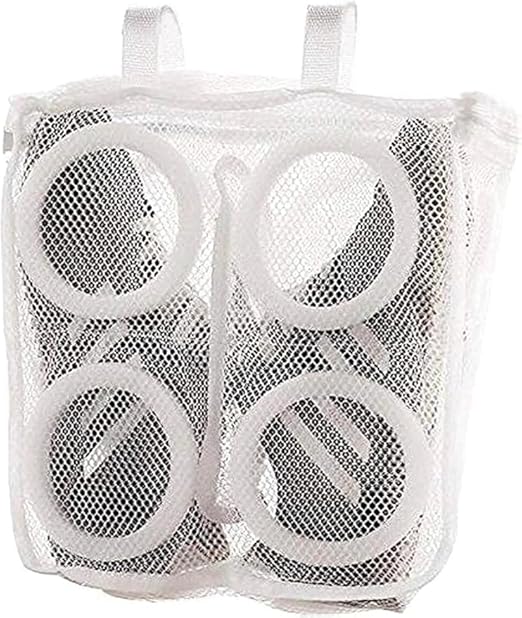 White mesh laundry bag for shoes with zipper closure and straps, protects shoes and washing machine, reusable by men and women.