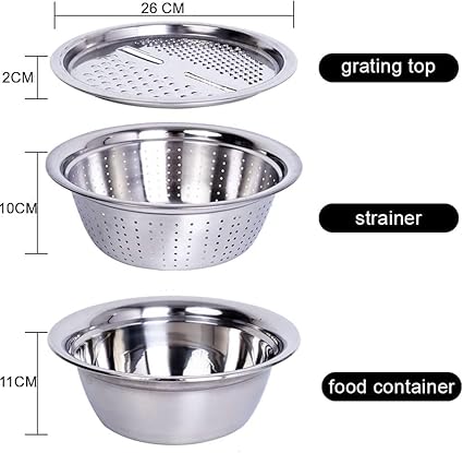 Set of three stainless steel mixing bowls with colander and grater lids, ideal for washing, mixing, and food prep in the kitchen