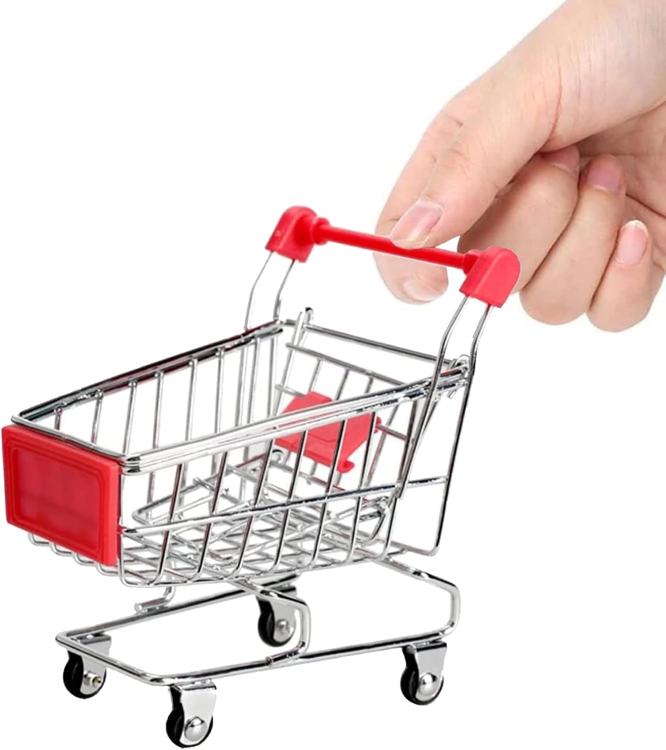 Mini metal shopping cart set with rolling wheels, ideal as desktop organizer and decorative basket for gifts or party favors.