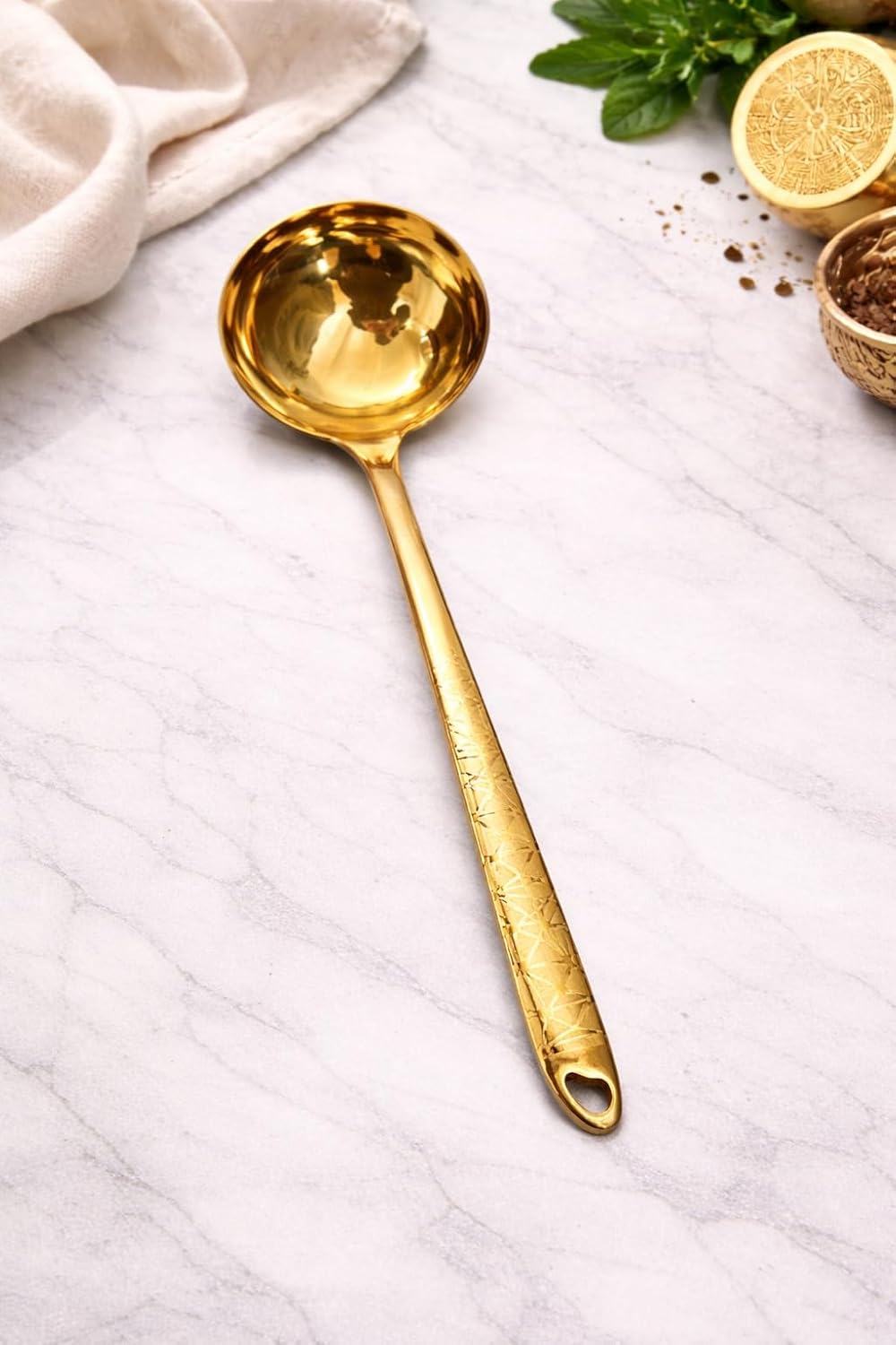 7AGAT stainless steel kitchen utensil with ergonomic handle, heat and rust-resistant, dishwasher safe, in silver, gold, and rainbow finishes.