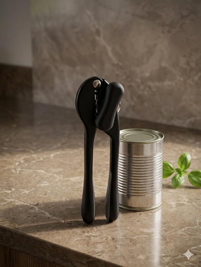 7AGAT stainless steel manual can opener with ergonomic plastic handle, black finish, sharp cutting wheel, compact kitchen and outdoor tool