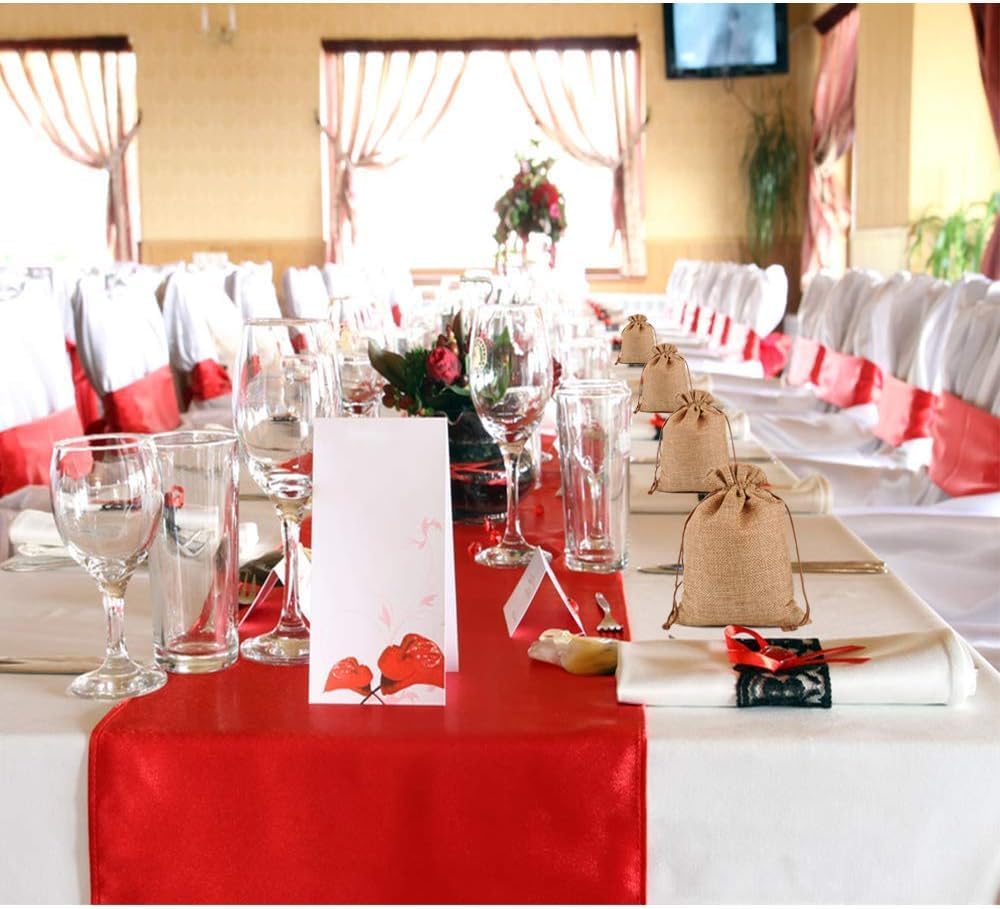 Set of 10 burlap gift bags with drawstrings, Hessian jute linen pouches for wedding favors, party gifts, and DIY crafts.