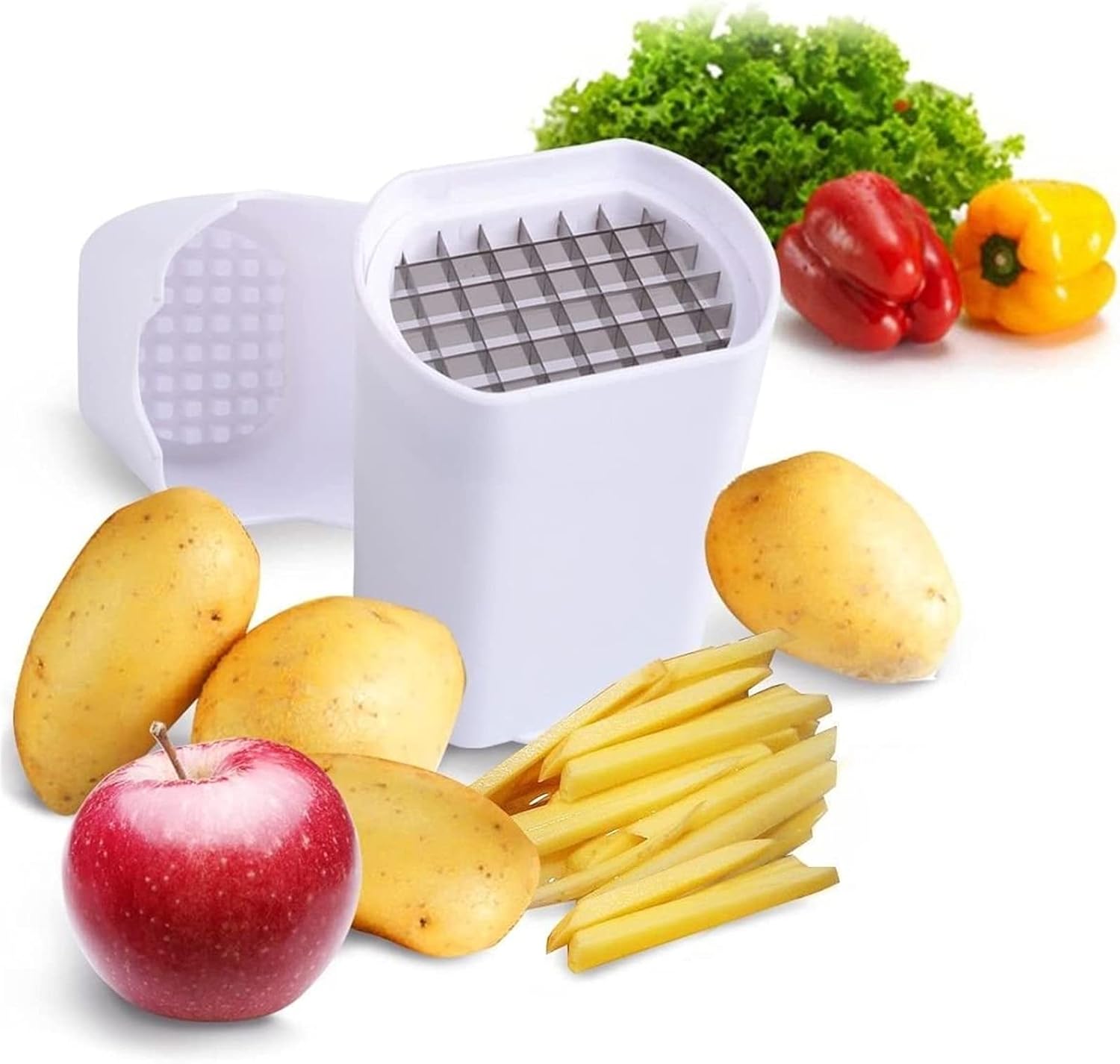 7AGAT manual French fry potato cutter with stainless steel blades, perfect for slicing potatoes and vegetables for homemade fries.