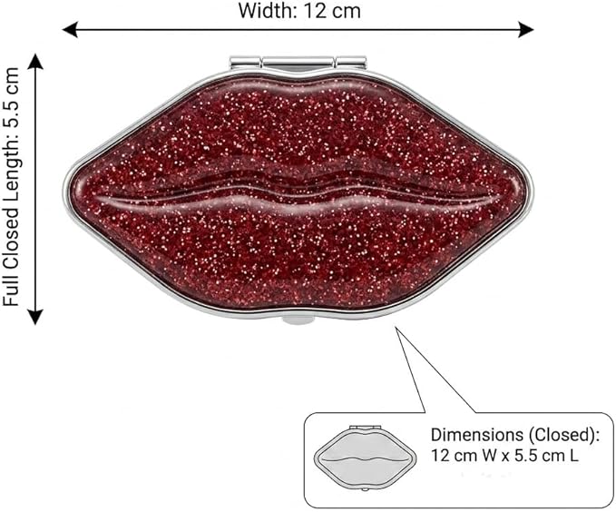 7AGAT compact makeup mirror with regular and magnifying sides, metal and glass construction, foldable design with stylish lip artwork for travel