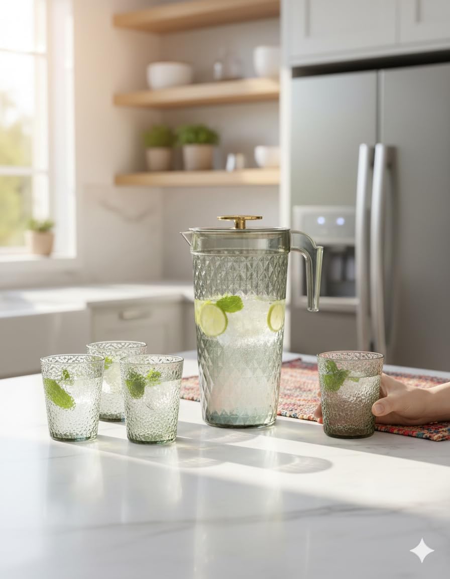 Acrylic water pitcher with four matching cups, lightweight, durable tableware set for serving beverages, with easy-pour spout.