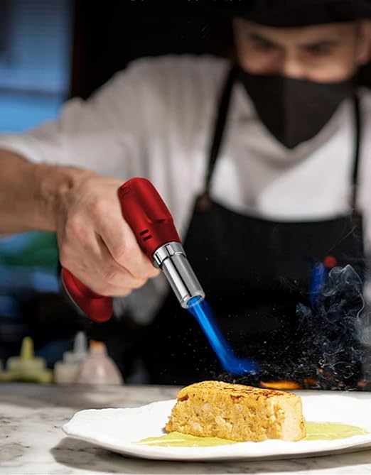 7AGAT professional butane torch lighter with adjustable head, refillable blow torch for kitchen, BBQ, soldering, and safety lock.