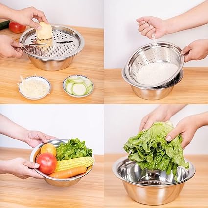 7AGAT stainless steel mixing bowls set with colander and grater lid, multi-purpose kitchen basins for washing and food prep