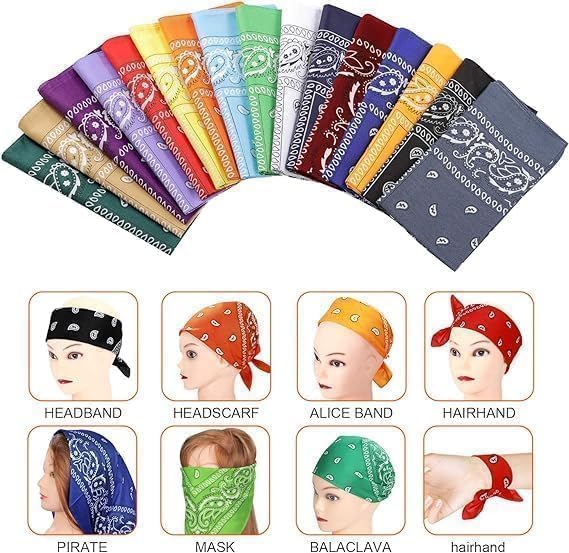 Black 7AGAT multipurpose bandana scarf shown as a head wrap, neck cover, face mask, and handkerchief in a versatile unisex design.