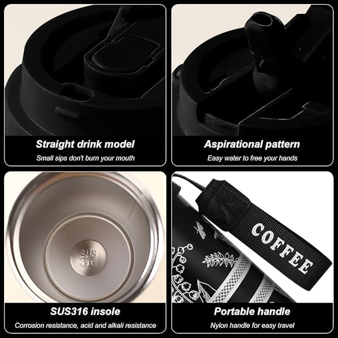 7AGAT stainless steel travel coffee cup with 2-in-1 leak-proof lid, BPA-free, reusable thermos flask for hot and cold drinks.