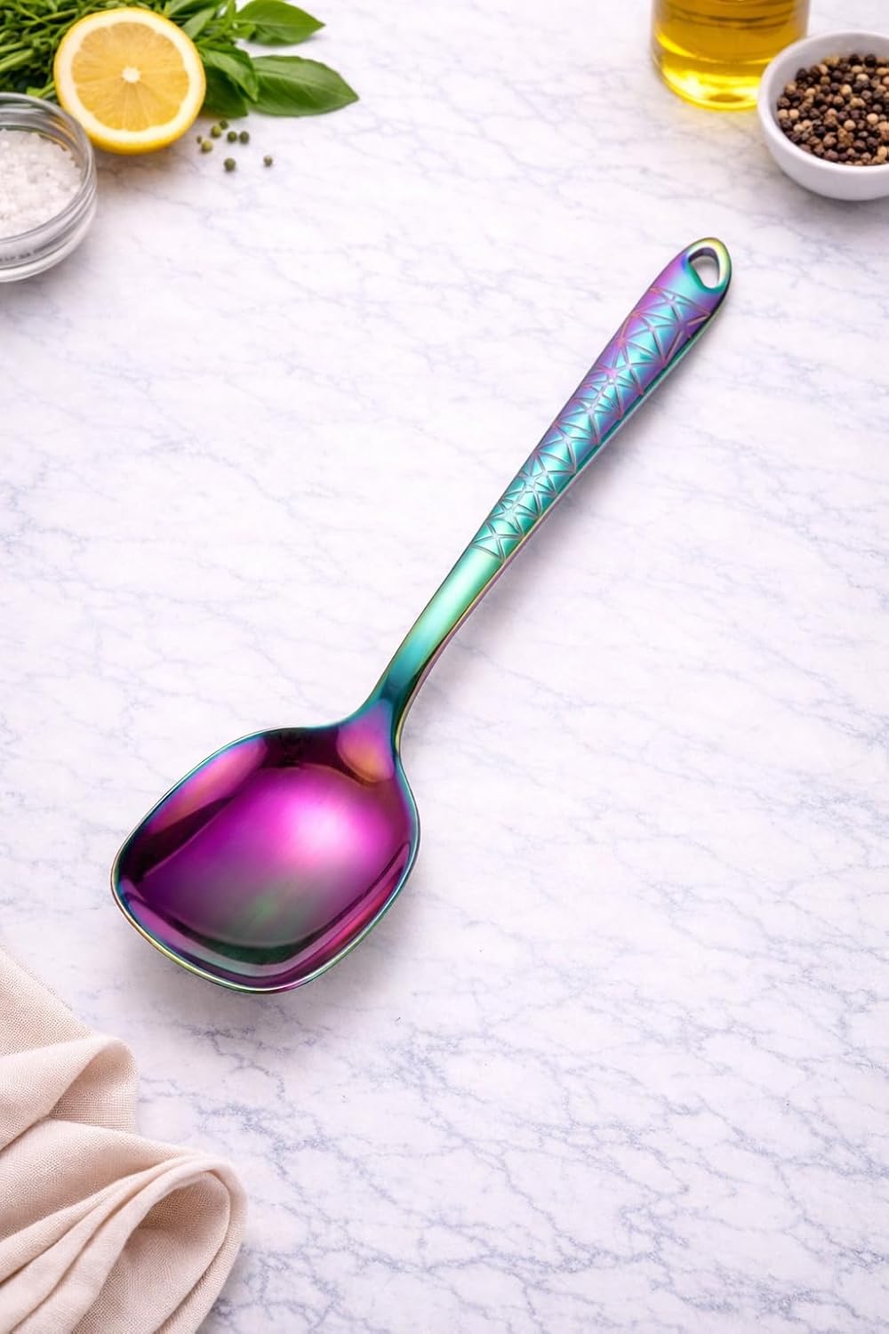 7AGAT stainless steel kitchen utensil with ergonomic handle, heat and rust resistant, dishwasher safe, in silver, gold, and rainbow finishes.