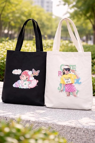 Pair of 7AGAT canvas tote bags with black and white designs, reusable fabric shopping and daily carry bags.
