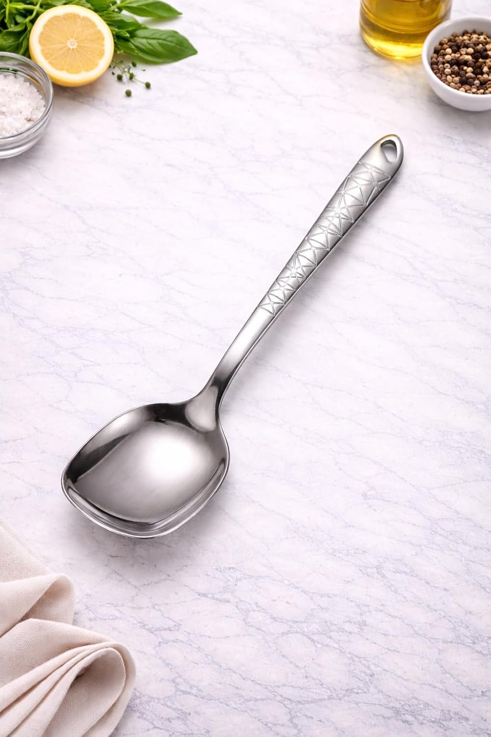 7AGAT stainless steel kitchen utensil with ergonomic handle, heat resistant, rust-proof, dishwasher safe in silver, gold, and rainbow finishes