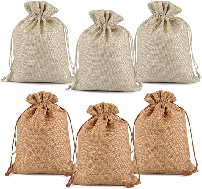 Set of 10 burlap gift bags with drawstrings, hessian jute linen pouches for wedding favors, party, and DIY crafts.