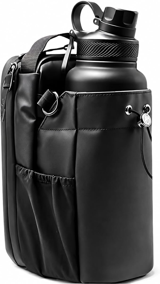 7AGAT Magnetic Bag Company gym water bottle bag in black with water-resistant fabric, multi-pocket organization, and adjustable strap.