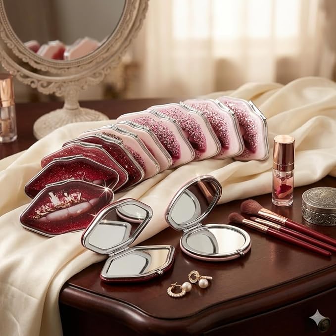 7AGAT compact makeup mirror with regular and magnifying glass, metal and glass construction, folding design, stylish lip artwork.