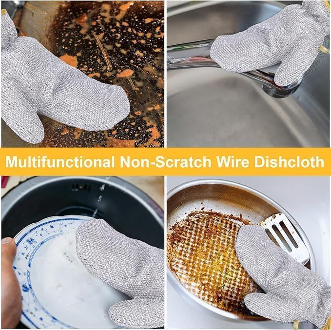 Wire dishwashing gloves with steel fiber for waterproof, heat and oil-resistant kitchen cleaning, shown in pair.