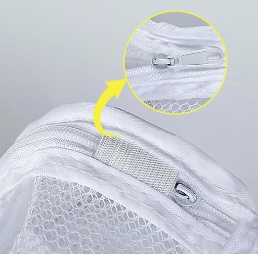 White mesh laundry bag for shoes with zipper closure and straps, protects shoes and washing machine during laundry.