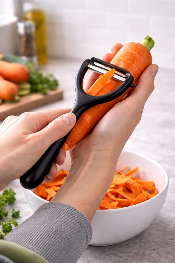 Black Y-shaped vegetable peeler with stainless steel blade and ergonomic plastic handle, ideal for potatoes, carrots, and fruits.