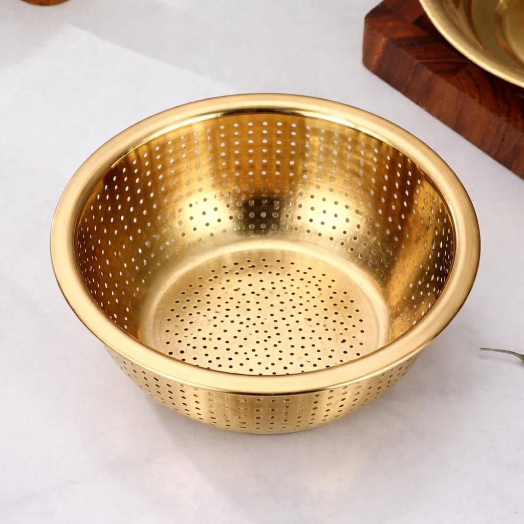 Set of three stainless steel bowls with gold finish, multi-purpose colander bowls for kitchen food prep, washing, and serving.