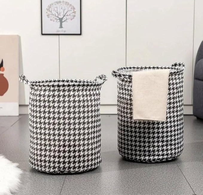 Round collapsible laundry basket with handles, houndstooth pattern, waterproof polyester, 40cm x 35cm foldable storage hamper for clothes.